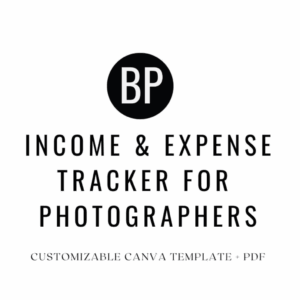 Minimalist cover image for income and expense tracker designed for photographers, featuring BP logo and black text on white background